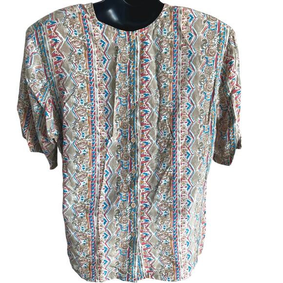 Retro Luxe Boho Silk Blouse 14 Tribal Floral Print Shoulder Pads Barrie Pace - Picture 4 of 5